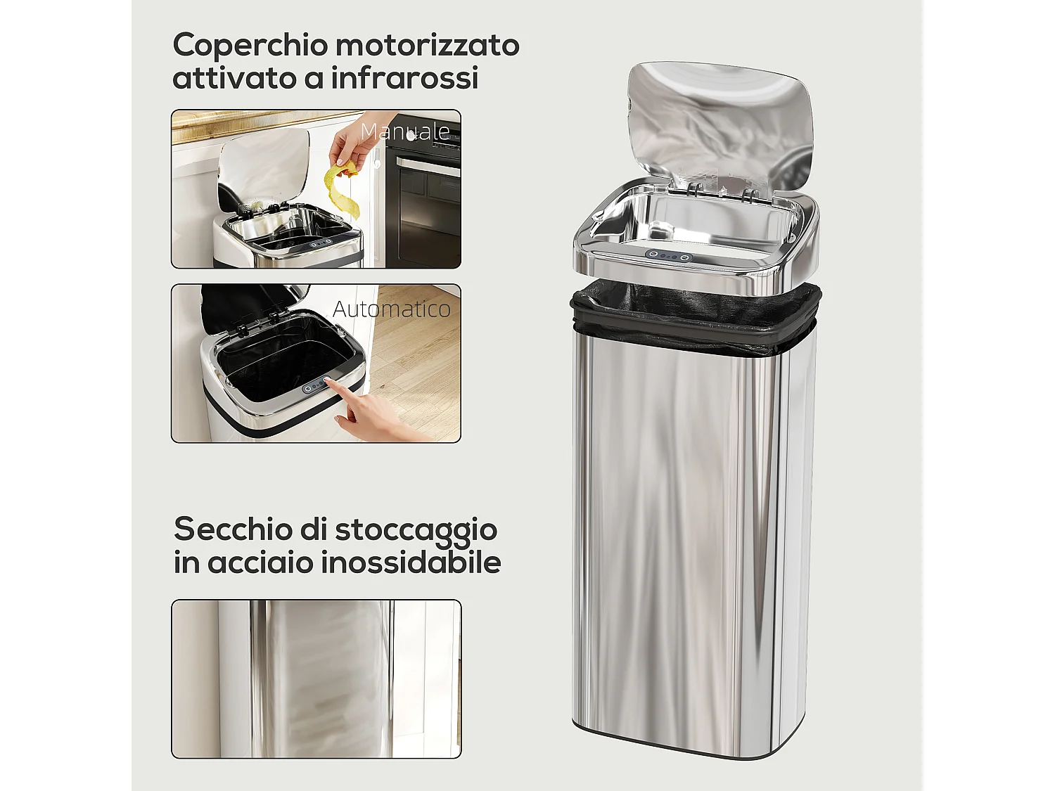 Bidone per rifiuti da 40 litri con apertura e chiusura automatica