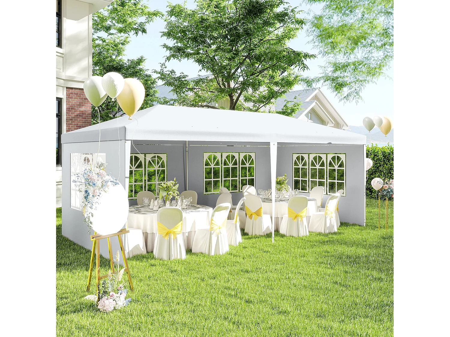 Gazebo per feste 6x3m con pareti rimovibili con finestre bianco