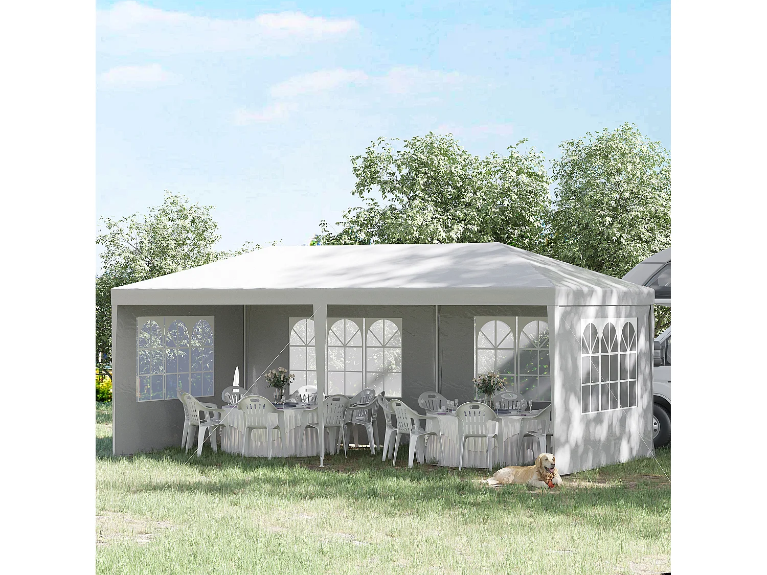 Gazebo per feste 6x3m con pareti rimovibili con finestre bianco