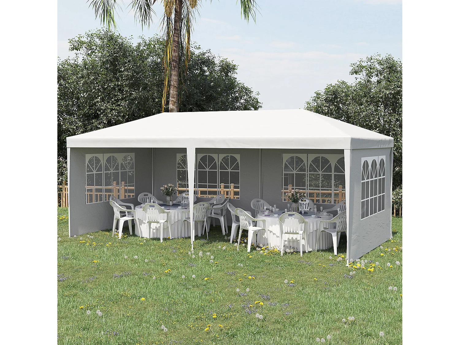 Gazebo per feste 6x3m con pareti rimovibili con finestre bianco