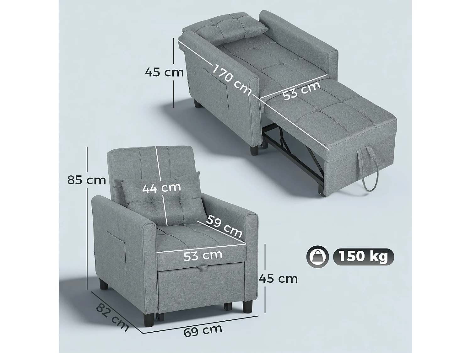 Divano letto convertibile con schienale regolabile grigio chiaro