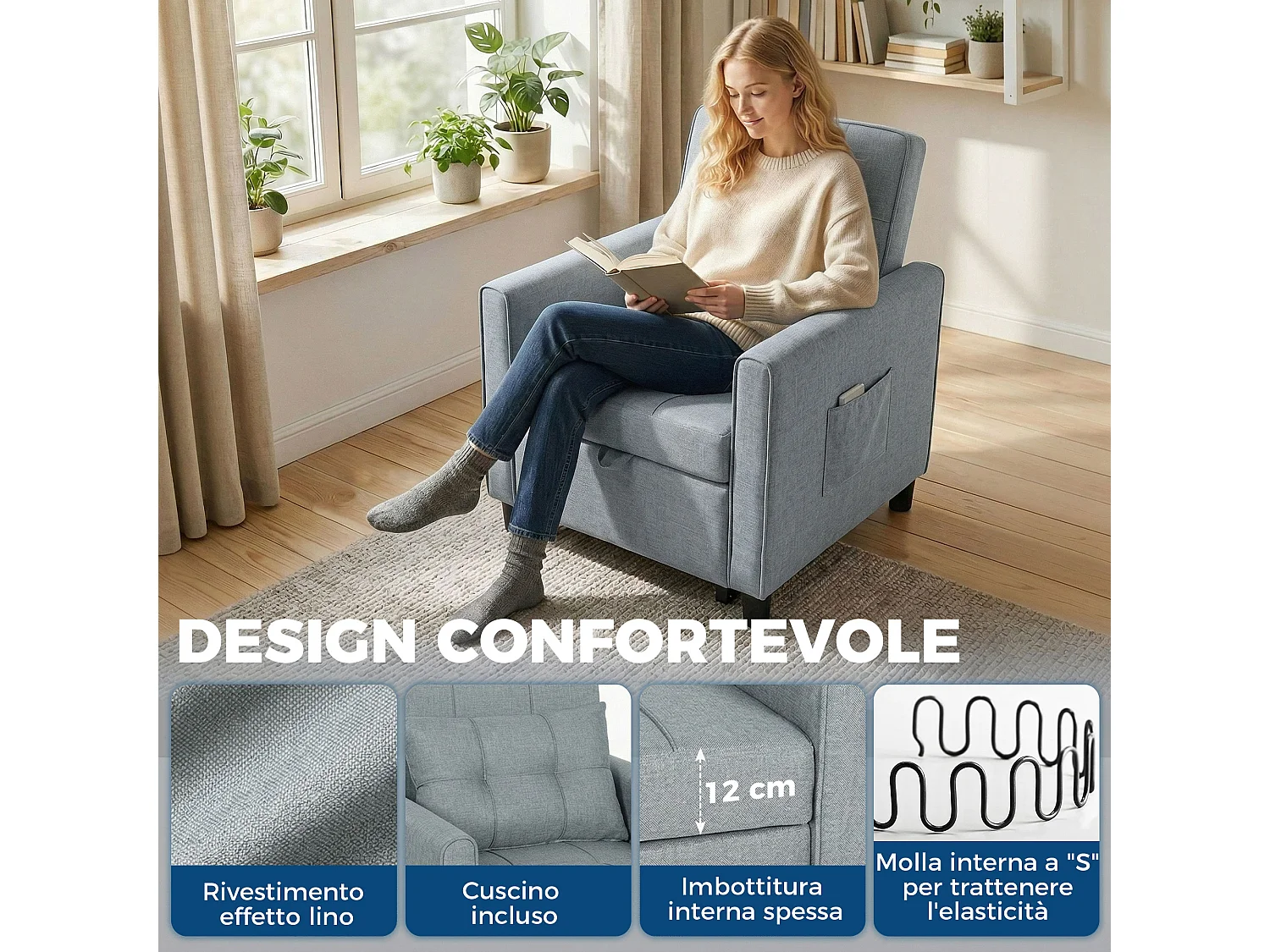 Divano letto convertibile con schienale regolabile grigio chiaro