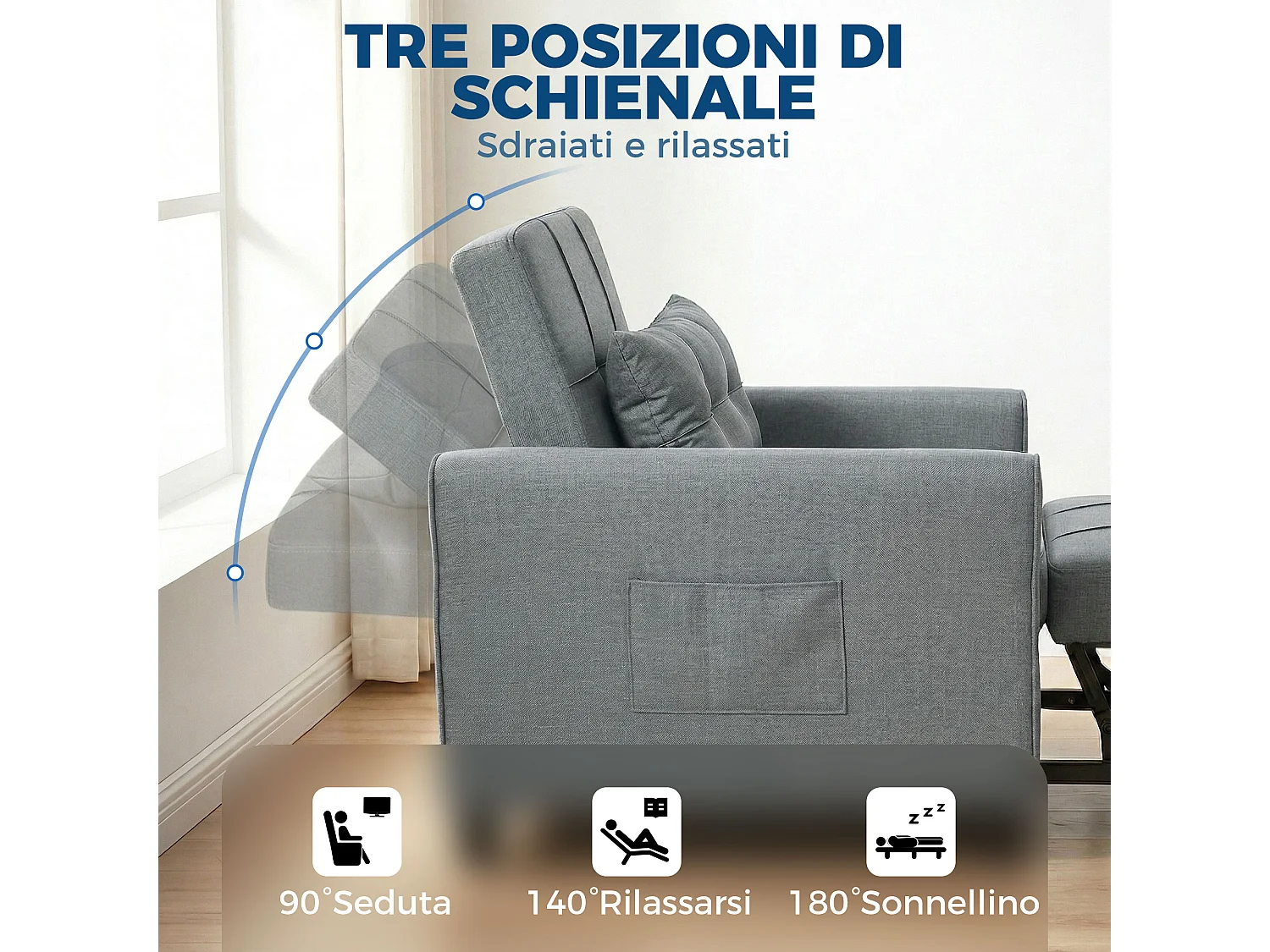 Divano letto convertibile con schienale regolabile grigio chiaro
