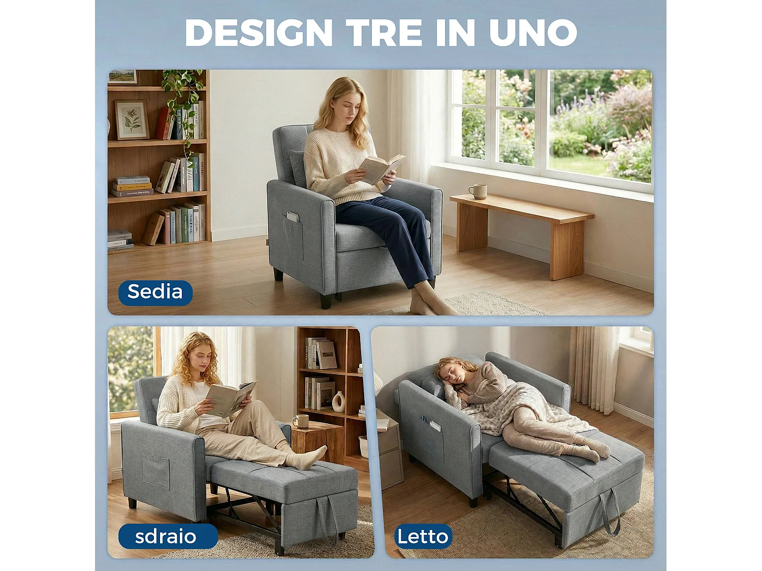 Divano letto convertibile con schienale regolabile grigio chiaro