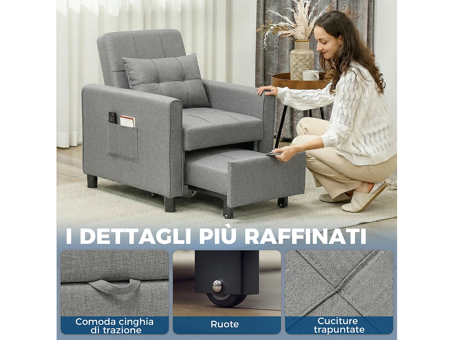 Divano letto convertibile con schienale regolabile grigio chiaro