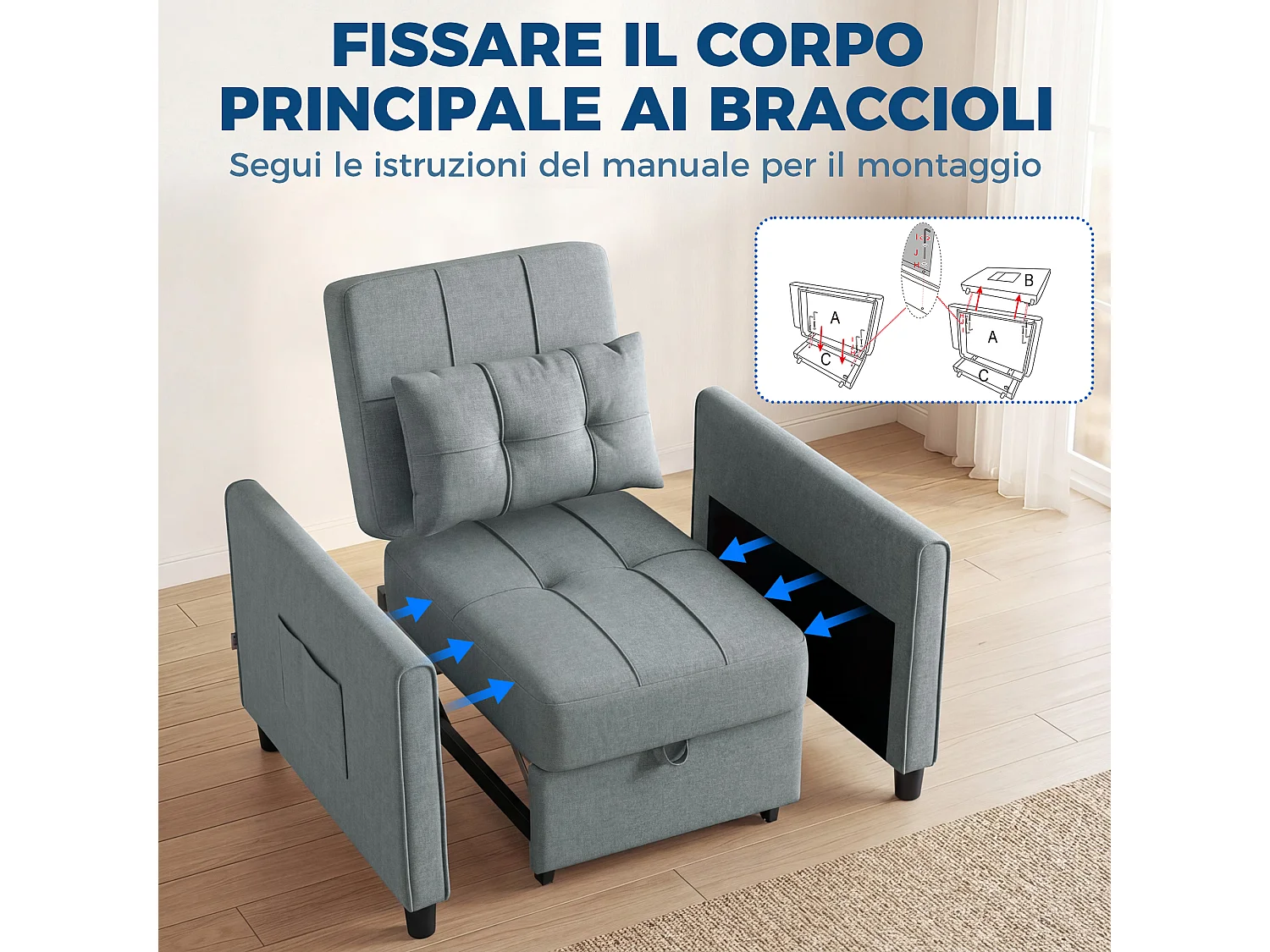 Divano letto convertibile con schienale regolabile grigio chiaro