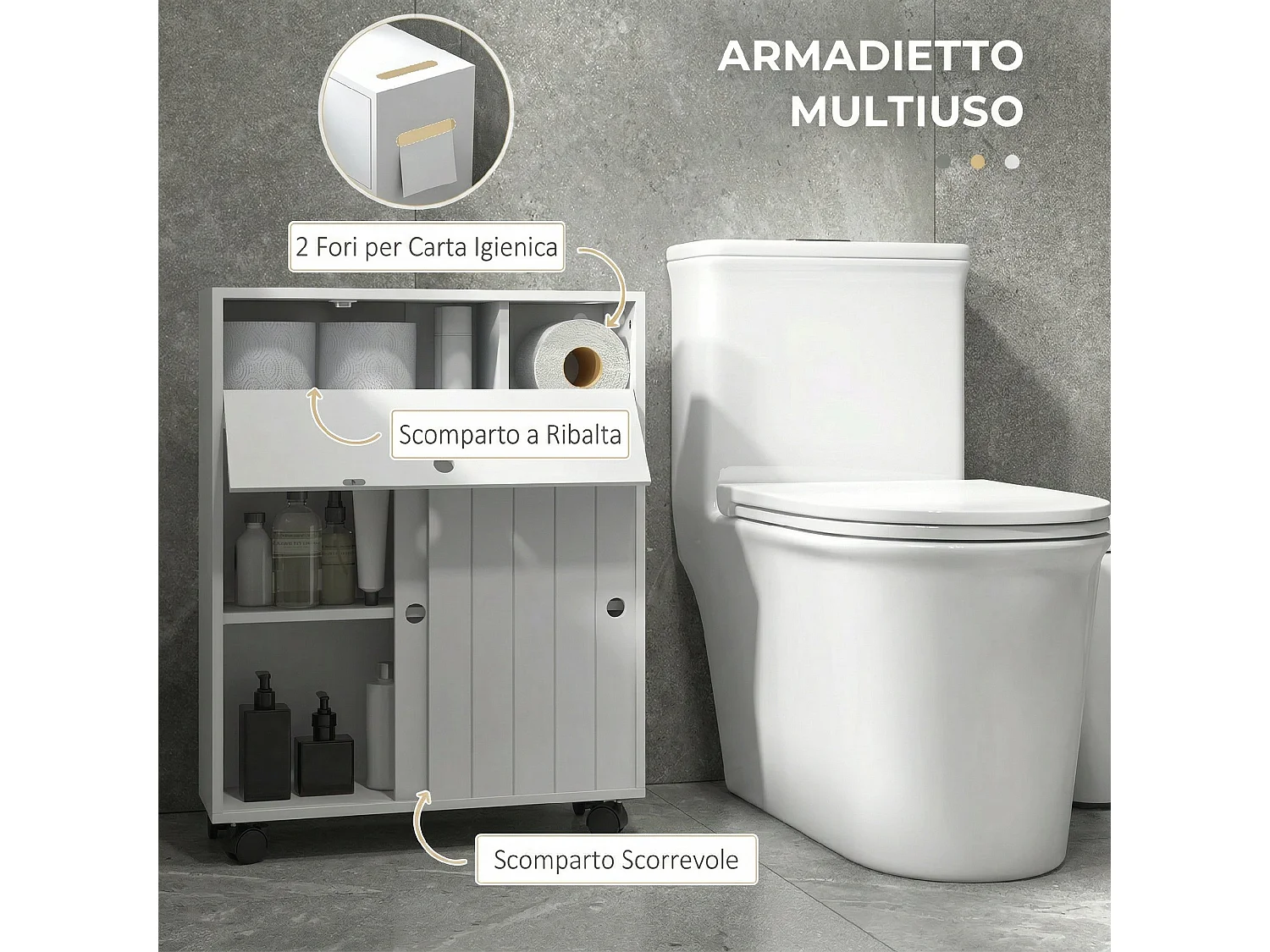 Mobiletto bagno salvaspazio con ripiani regolabili e ruote bianco