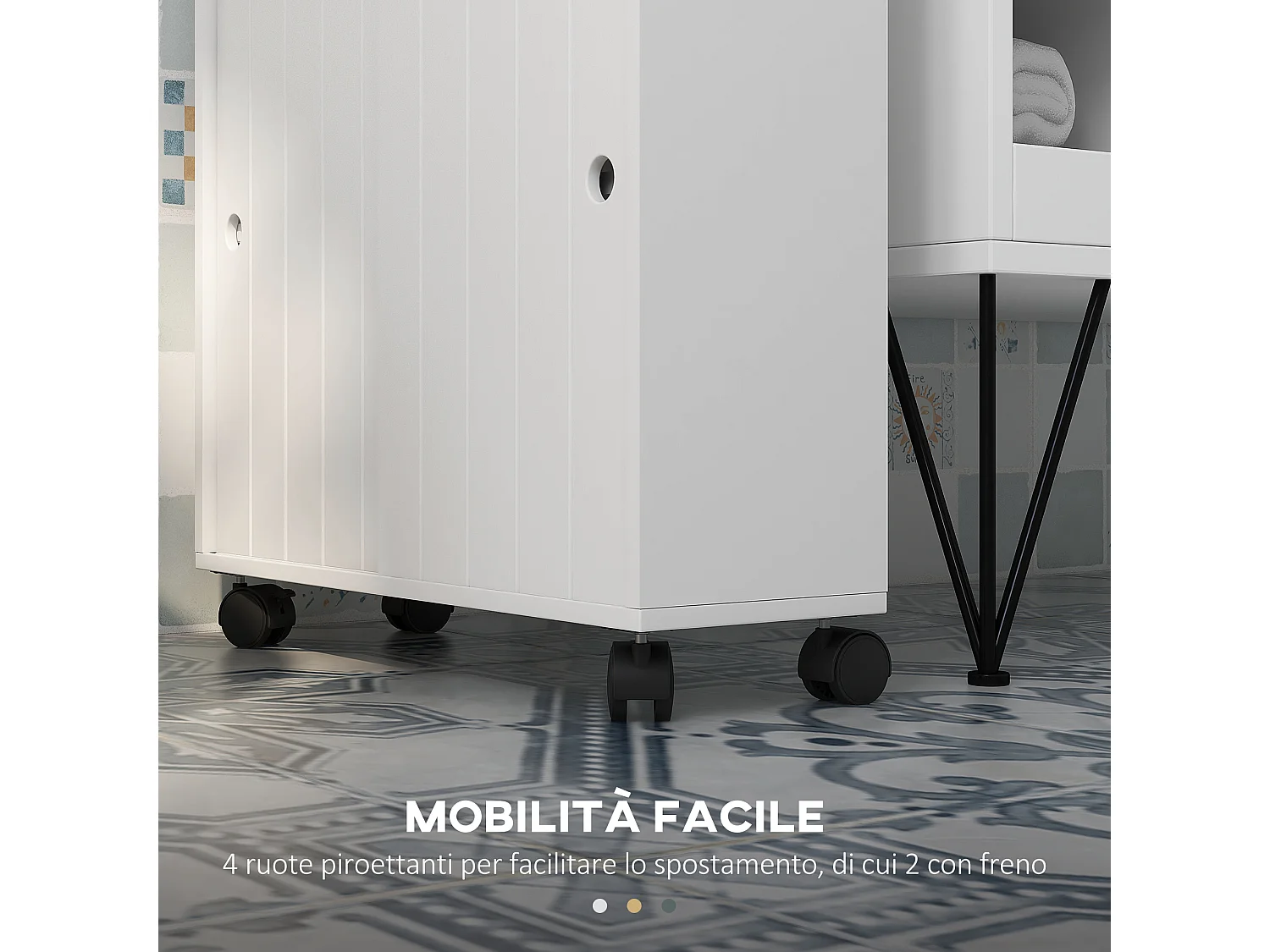 Mobiletto bagno salvaspazio con ripiani regolabili e ruote bianco