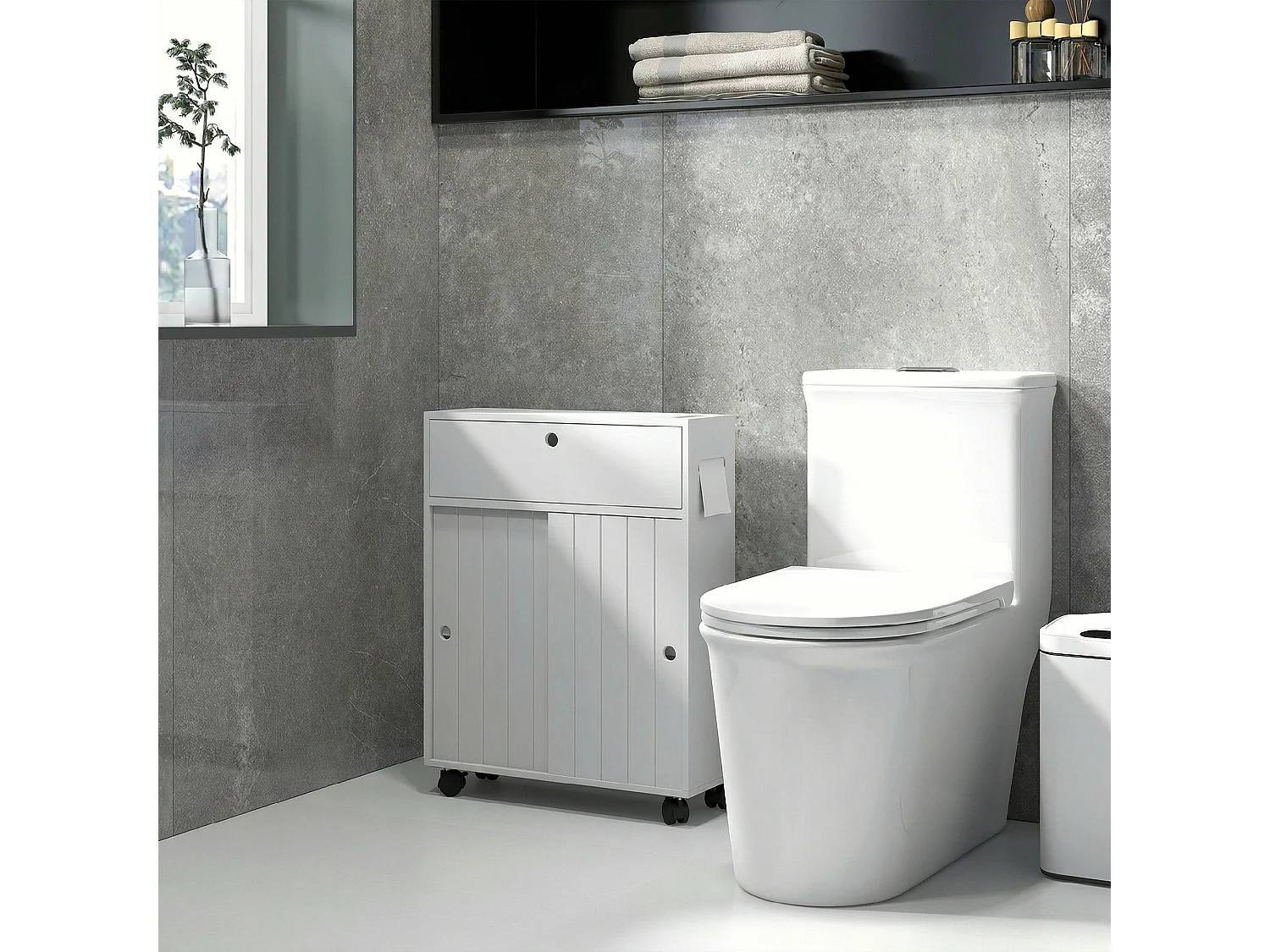 Mobiletto bagno salvaspazio con ripiani regolabili e ruote bianco