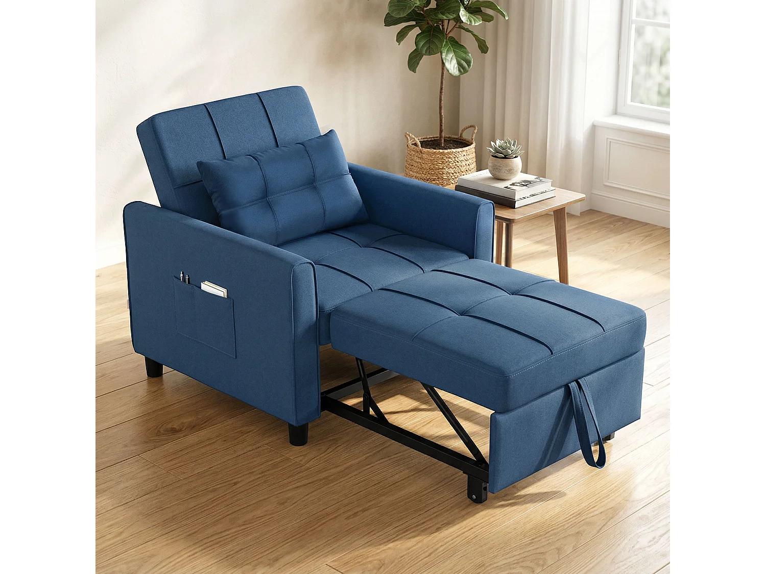 Poltrona letto convertibile con schienale regolabile in tessuto blu