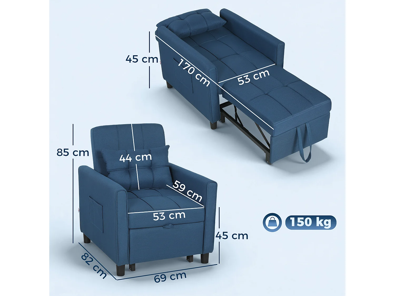 Poltrona letto convertibile con schienale regolabile in tessuto blu