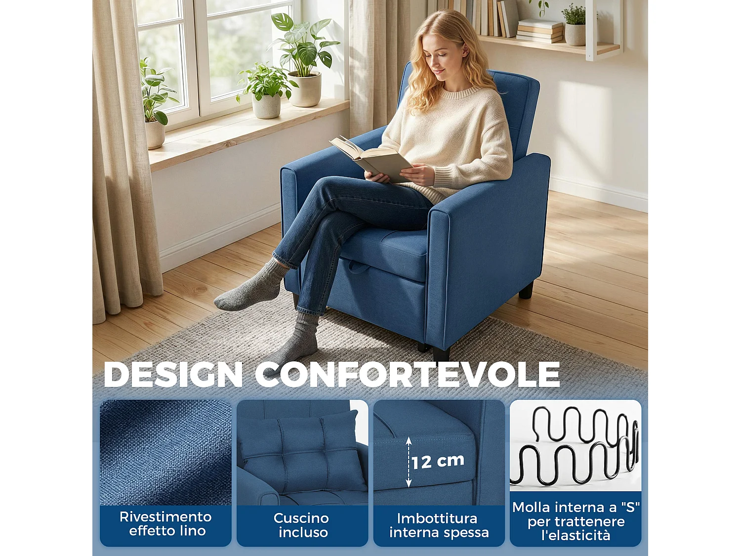 Poltrona letto convertibile con schienale regolabile in tessuto blu