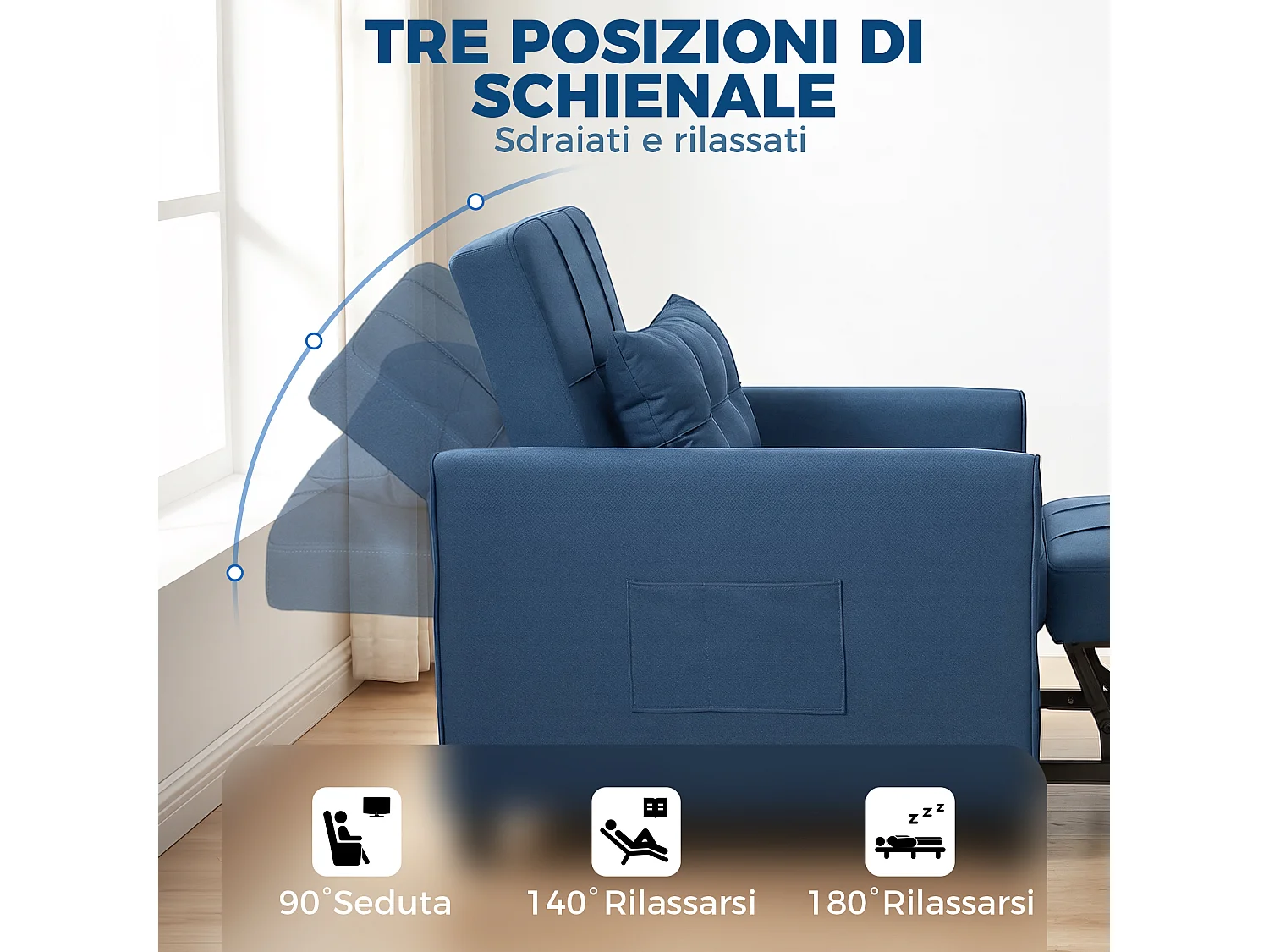 Poltrona letto convertibile con schienale regolabile in tessuto blu