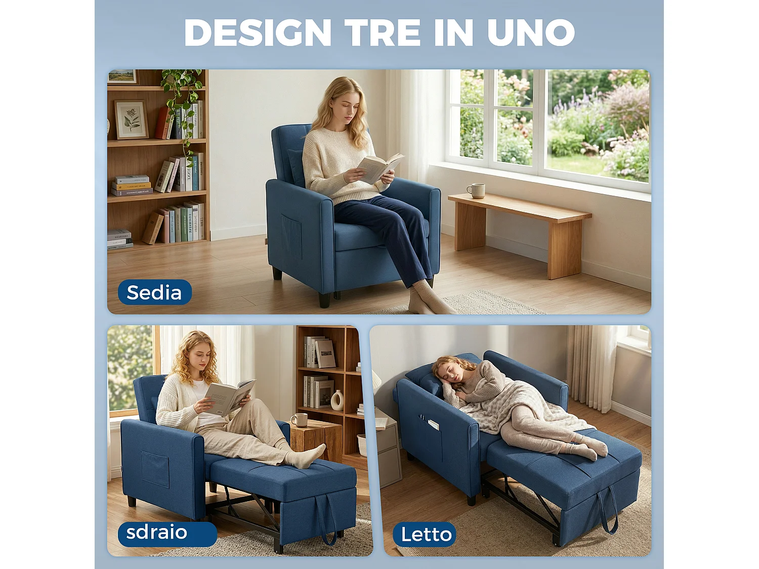 Poltrona letto convertibile con schienale regolabile in tessuto blu