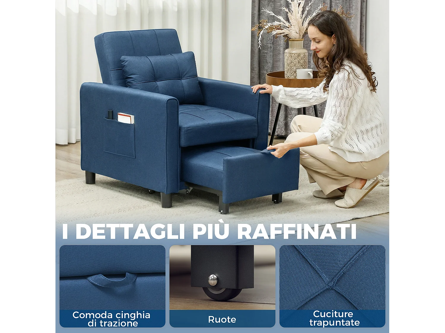 Poltrona letto convertibile con schienale regolabile in tessuto blu