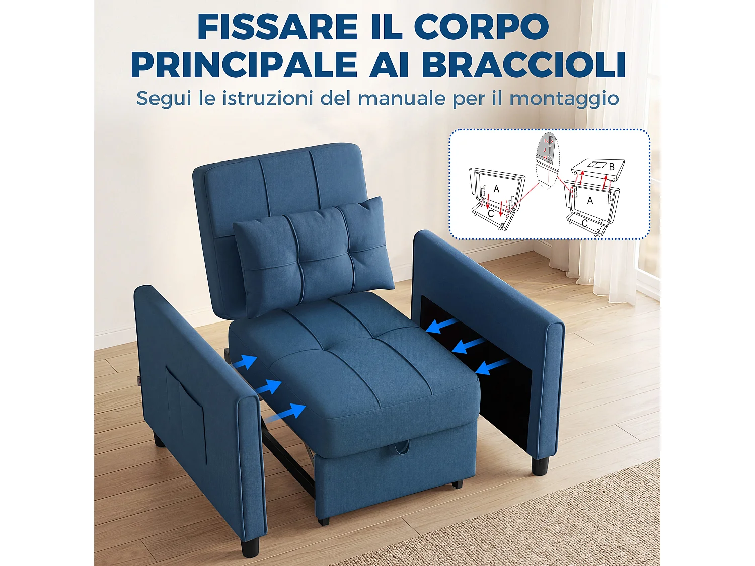 Poltrona letto convertibile con schienale regolabile in tessuto blu