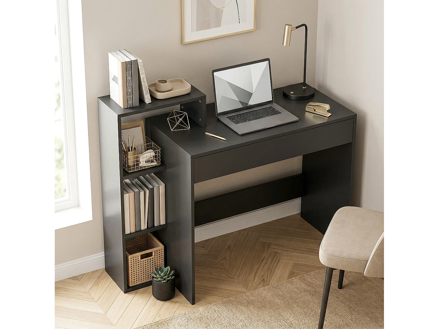 Scrivania pc compatta con 3 ripiani aperti e cassetto in legno nero