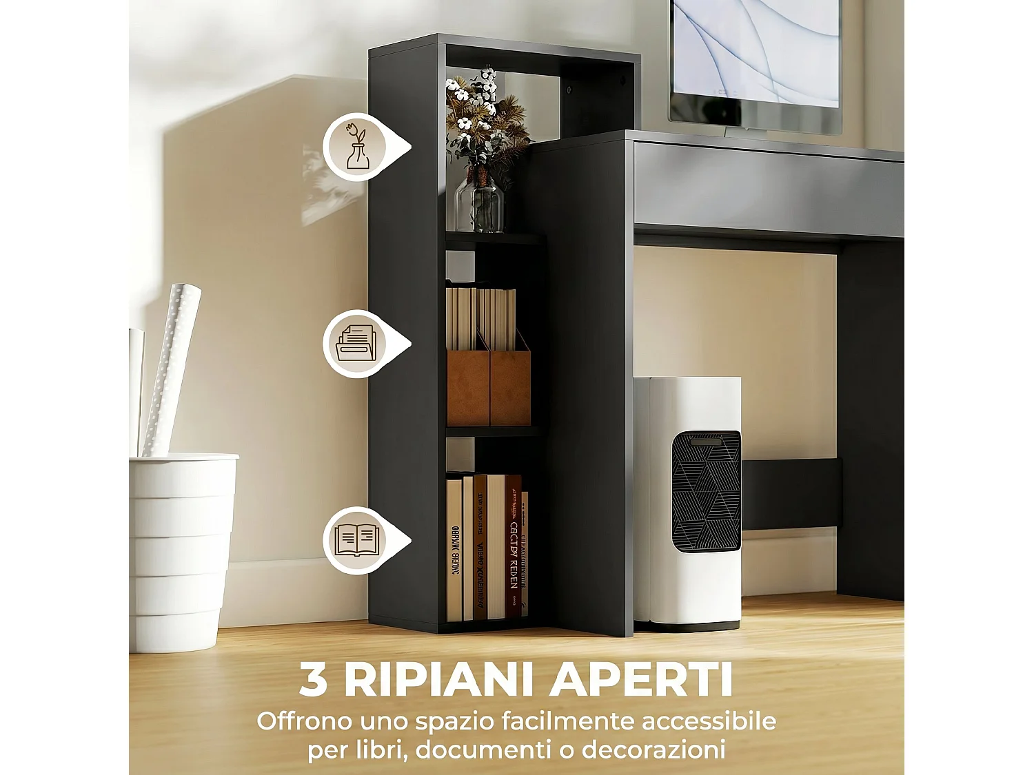 Scrivania pc compatta con 3 ripiani aperti e cassetto in legno nero