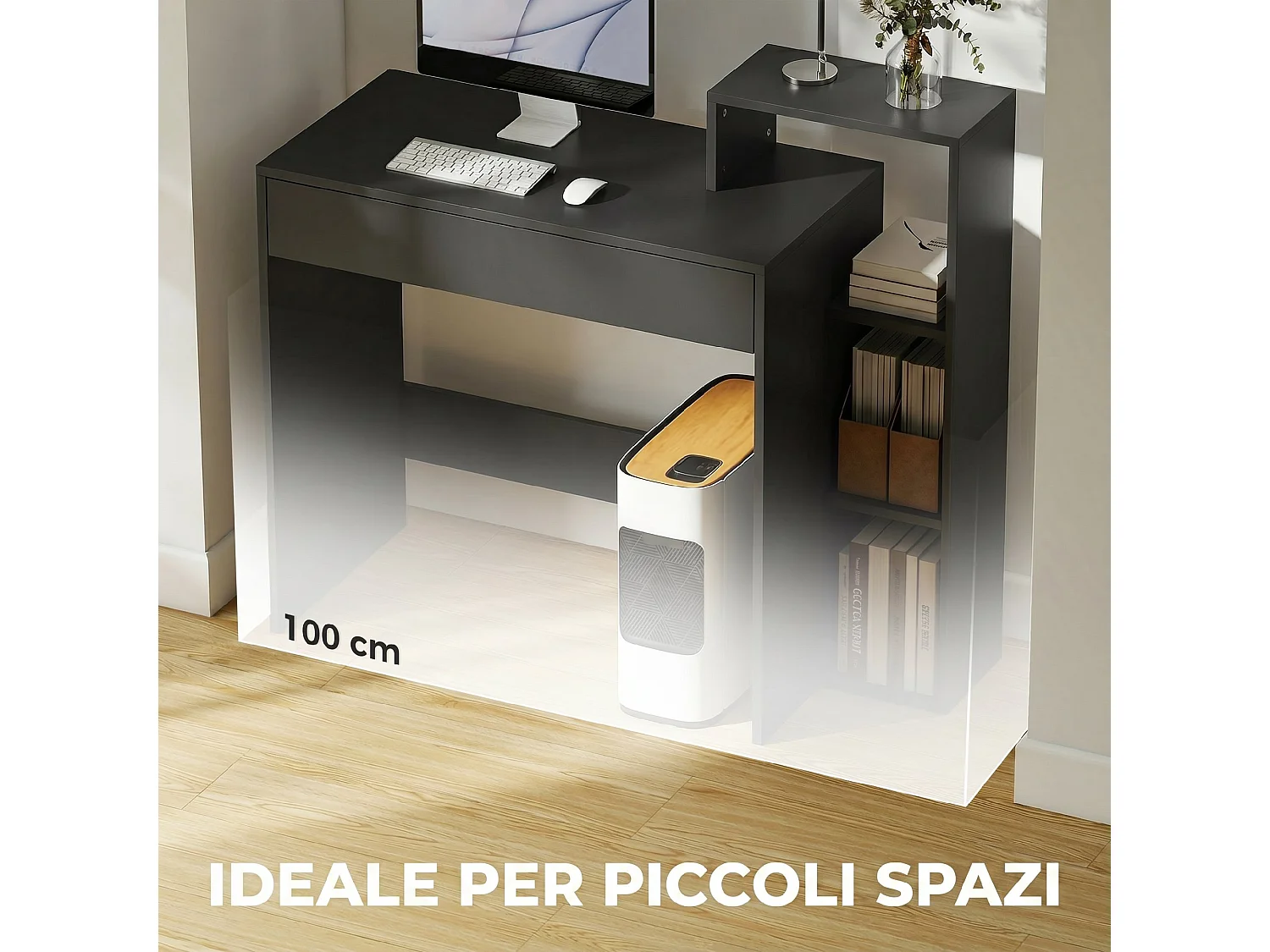 Scrivania pc compatta con 3 ripiani aperti e cassetto in legno nero