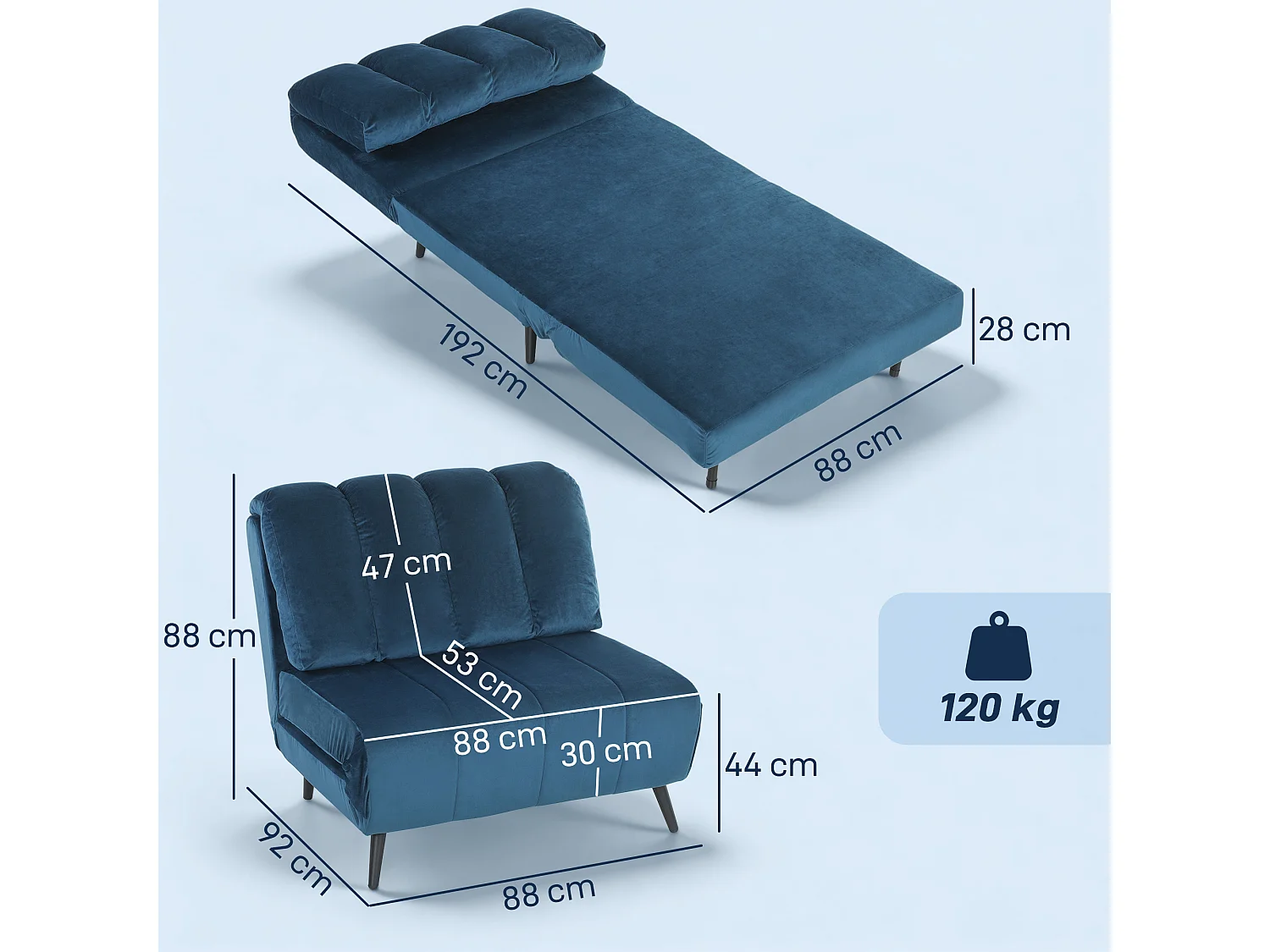 Poltrona letto pieghevole tre in uno in tessuto blu