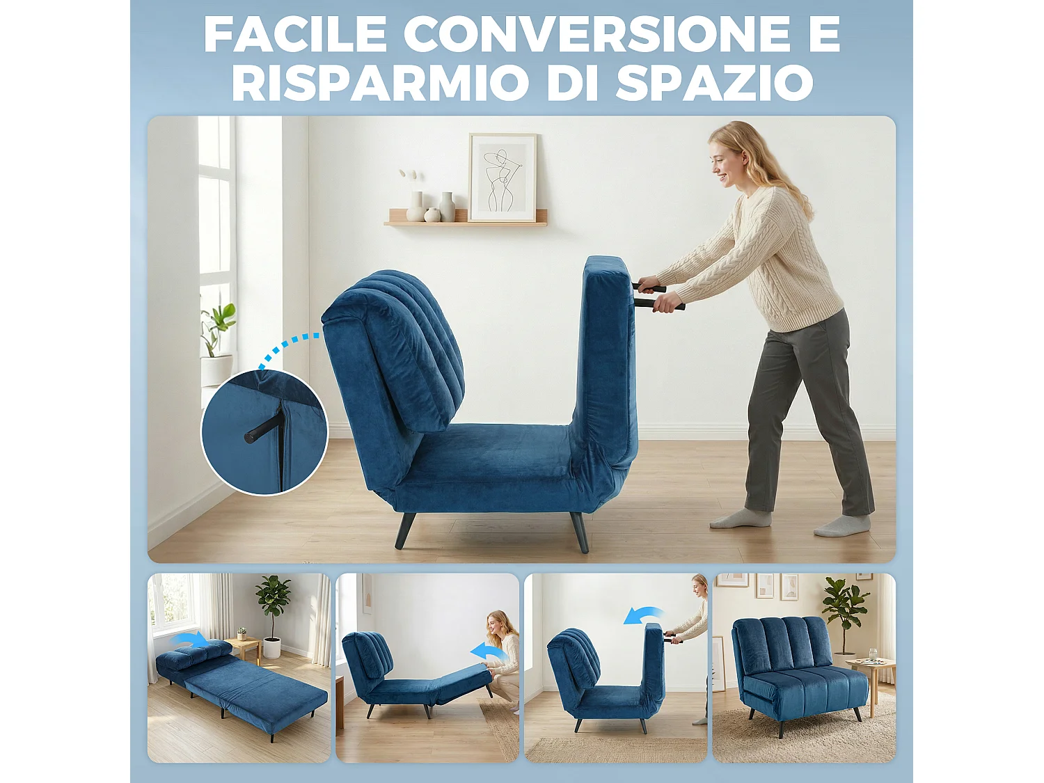 Poltrona letto pieghevole tre in uno in tessuto blu