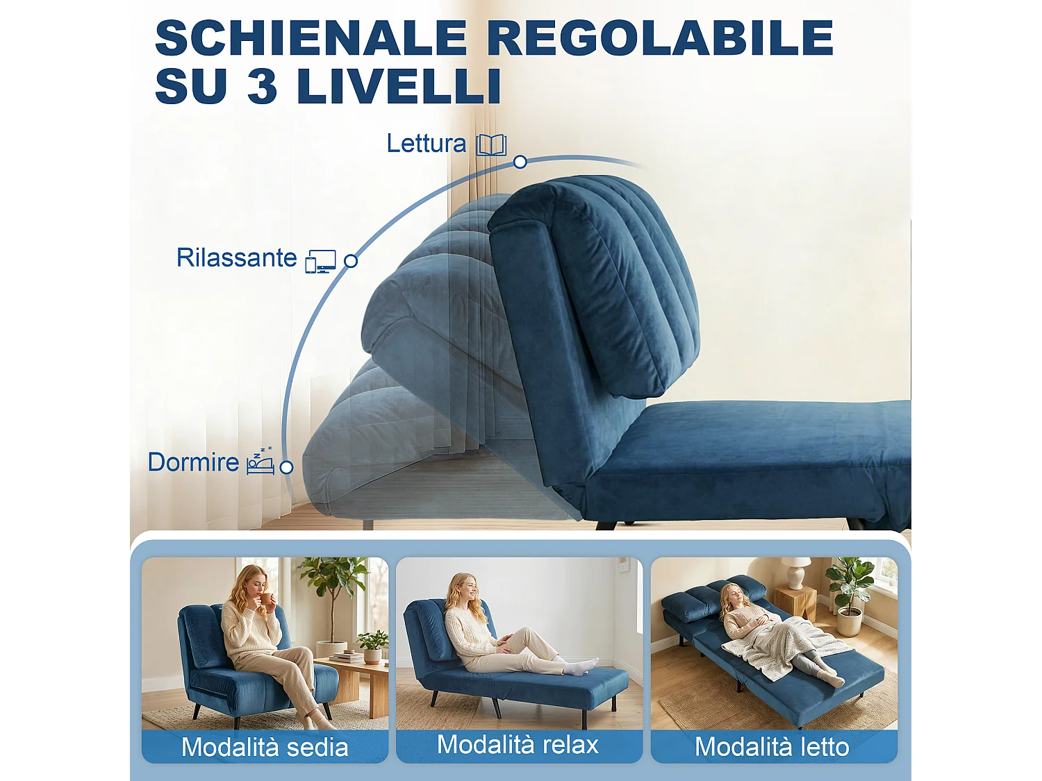Poltrona letto pieghevole tre in uno in tessuto blu