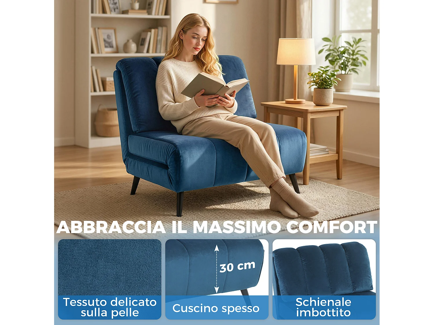 Poltrona letto pieghevole tre in uno in tessuto blu