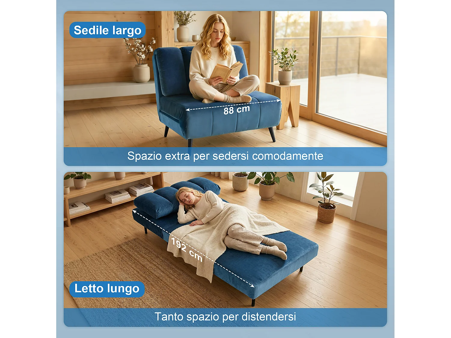 Poltrona letto pieghevole tre in uno in tessuto blu
