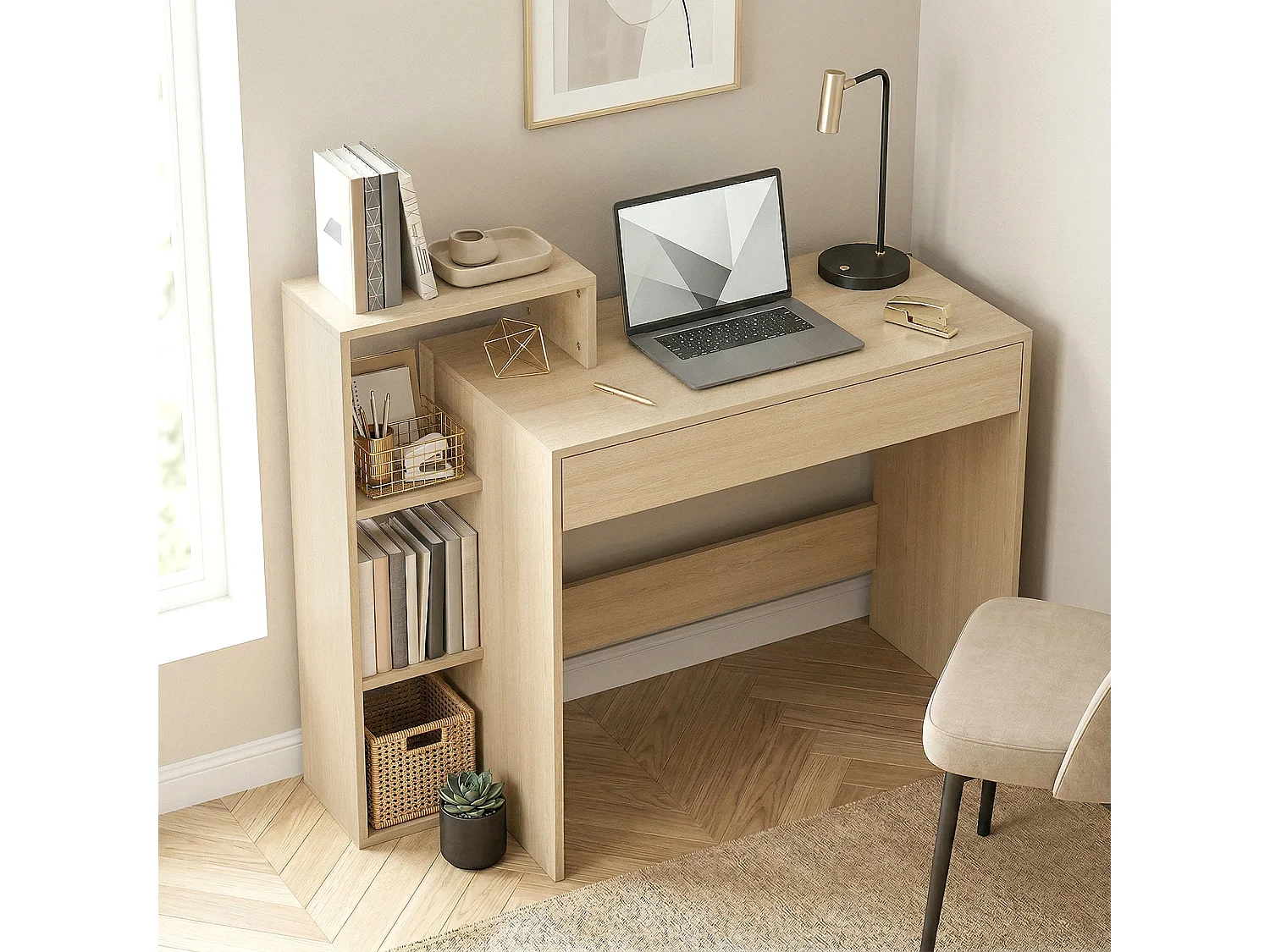 Scrivania pc compatta con 3 ripiani aperti e cassetto color legno