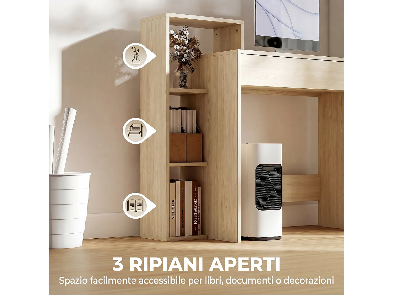 Scrivania pc compatta con 3 ripiani aperti e cassetto color legno