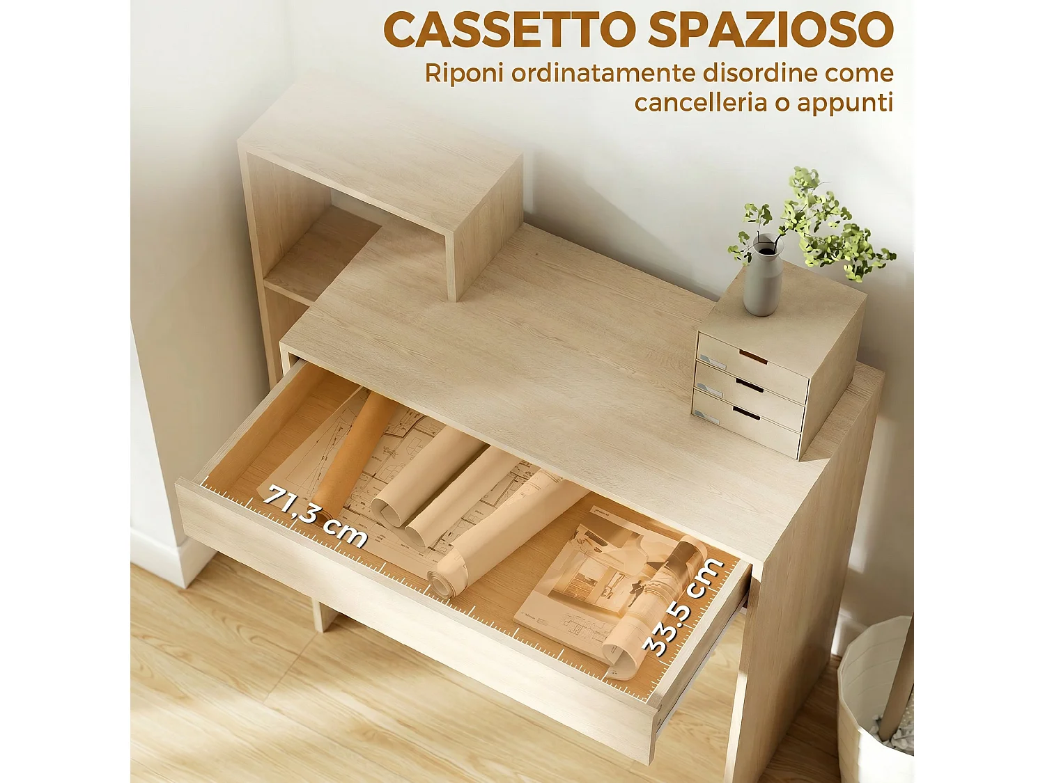 Scrivania pc compatta con 3 ripiani aperti e cassetto color legno