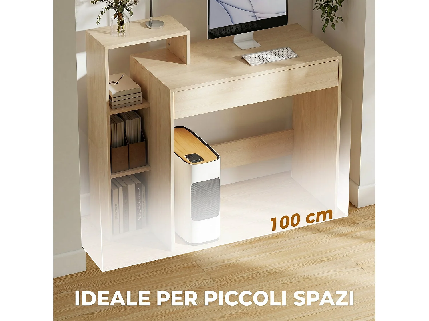 Scrivania pc compatta con 3 ripiani aperti e cassetto color legno