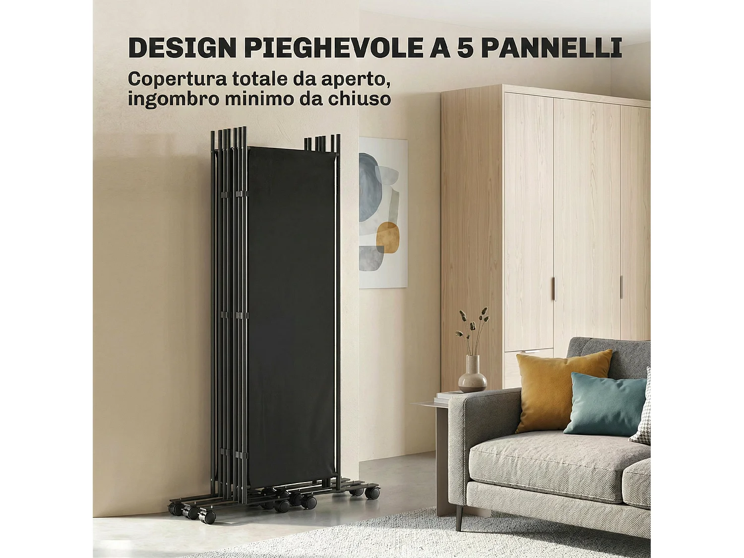 Divisorio da interno pieghevole a 5 pannelli in acciaio nero