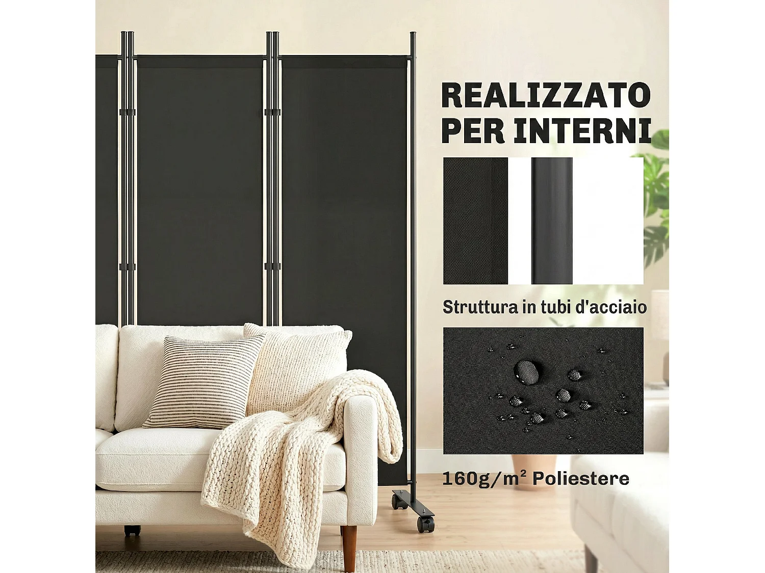 Divisorio da interno pieghevole a 5 pannelli in acciaio nero