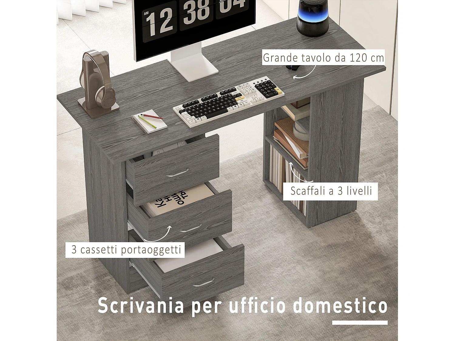 Scrivania Salvaspazio con 3 Cassetti e 3 Ripiani Grigio