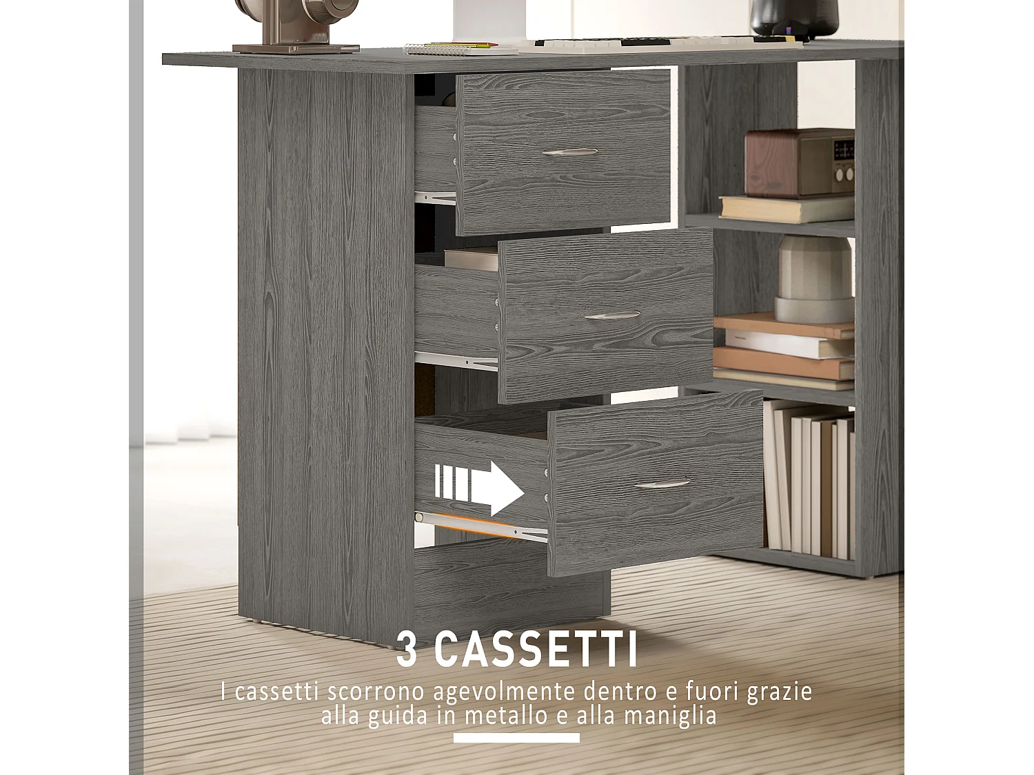 Scrivania Salvaspazio con 3 Cassetti e 3 Ripiani Grigio