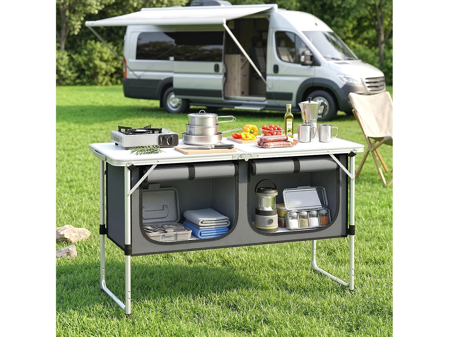 Mobile da campeggio cucina portatile pieghevole argento