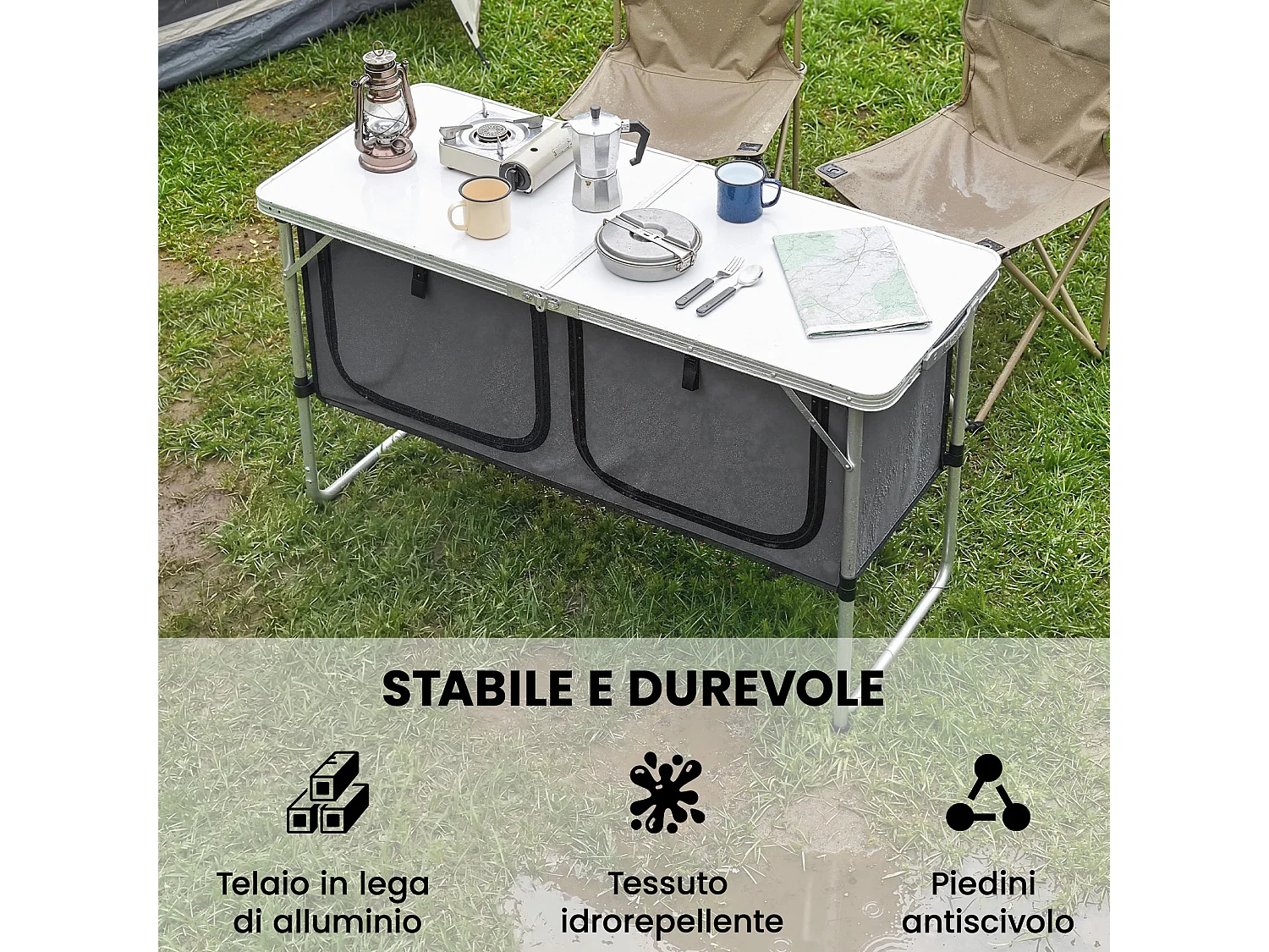 Mobile da campeggio cucina portatile pieghevole argento