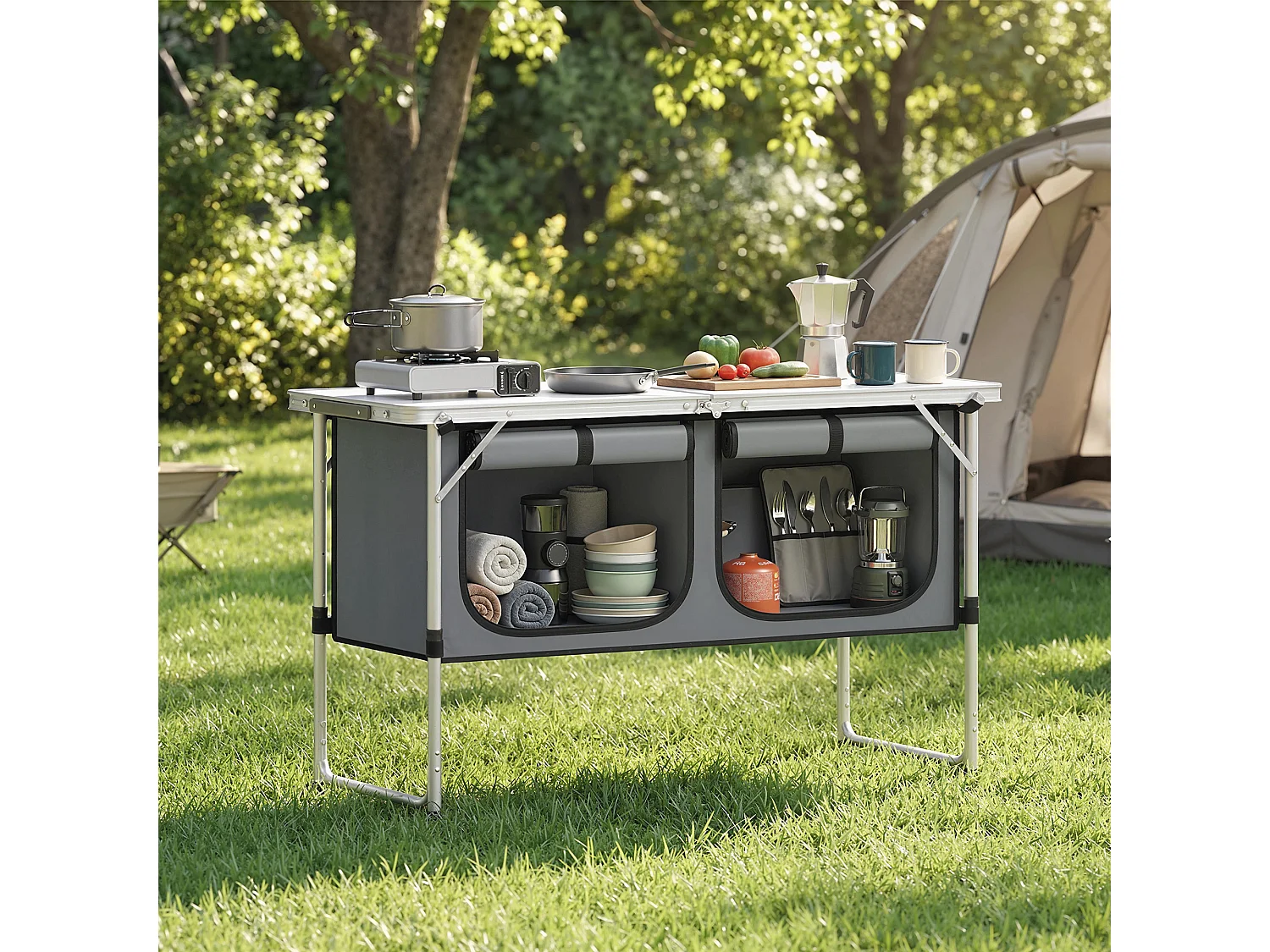 Mobile da campeggio cucina portatile pieghevole argento