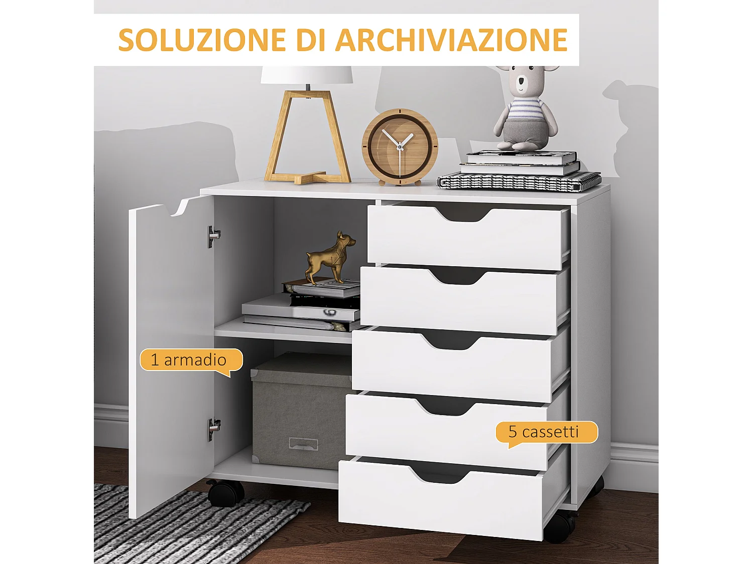 Mobile laterale con 5 cassetti, ripiano regolabile, ruote, bianco