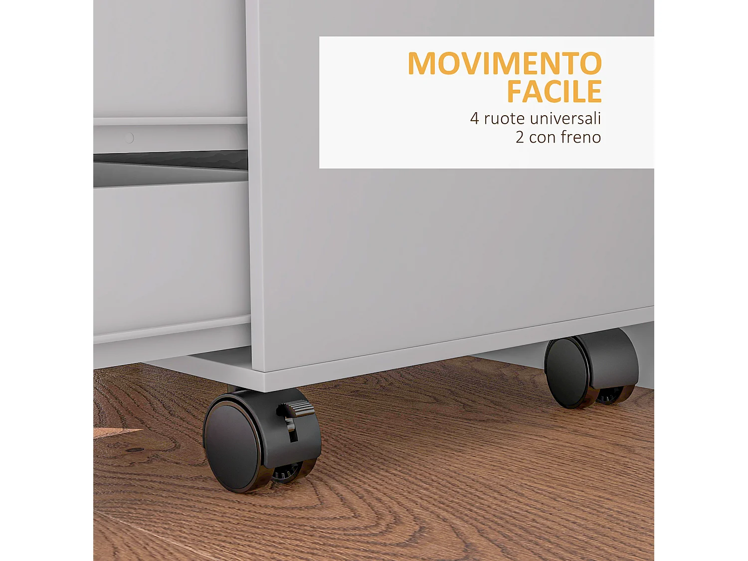 Mobile laterale con 5 cassetti, ripiano regolabile, ruote, bianco