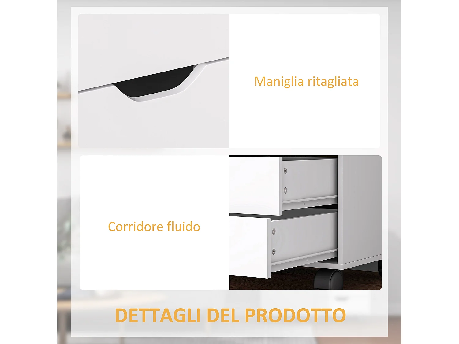 Mobile laterale con 5 cassetti, ripiano regolabile, ruote, bianco