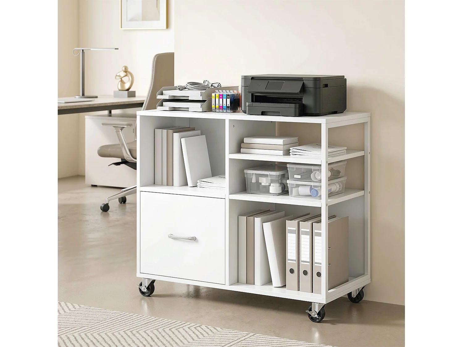 Mobile per stampante con ruote e cassetto legno bianco
