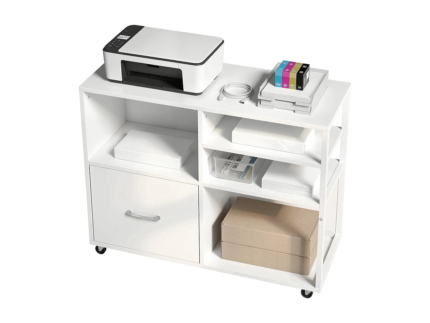 Mobile per stampante con ruote e cassetto legno bianco