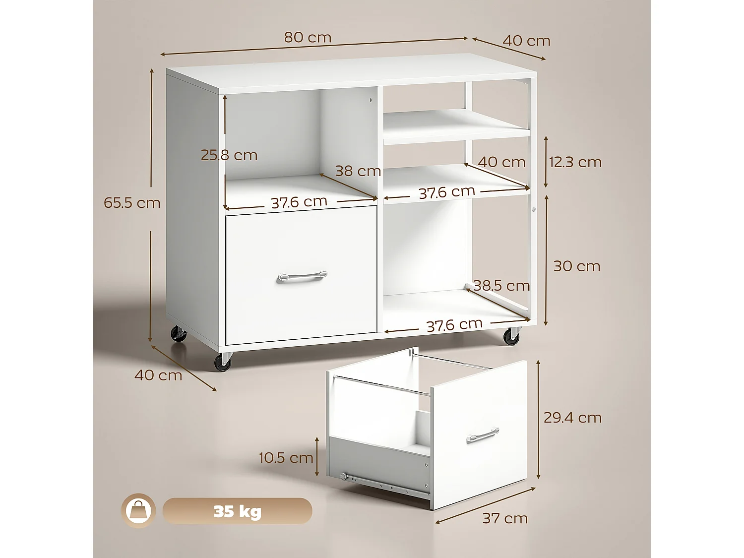 Mobile per stampante con ruote e cassetto legno bianco