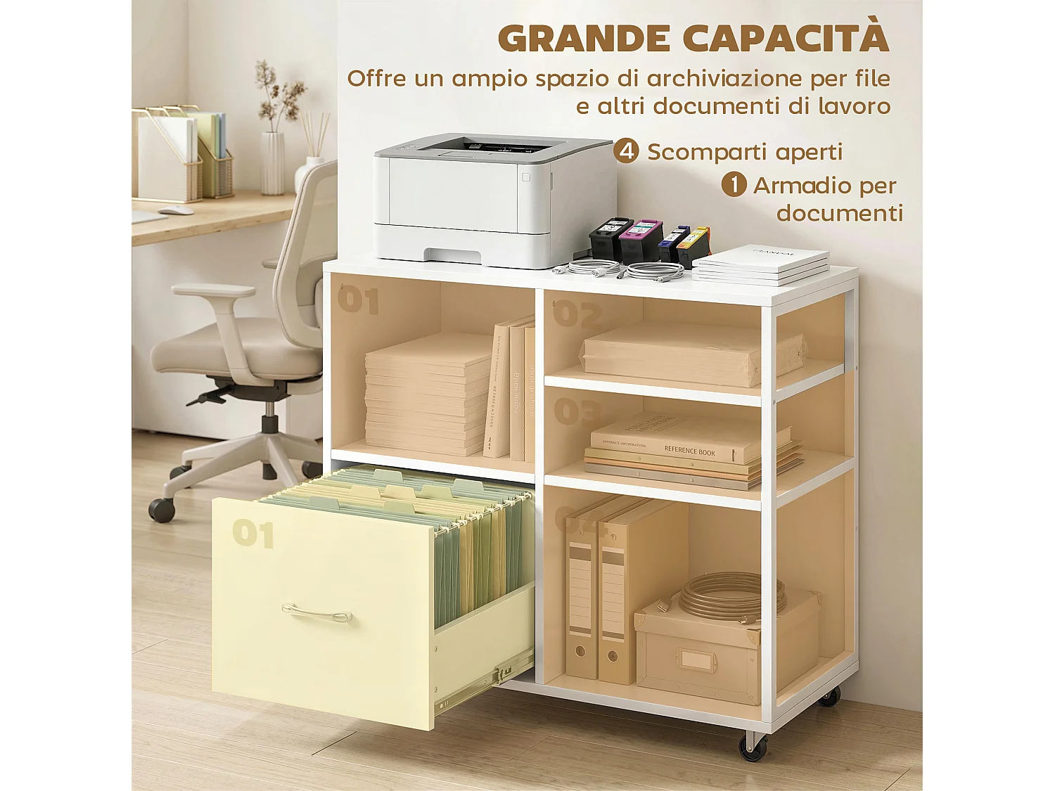 Mobile per stampante con ruote e cassetto legno bianco