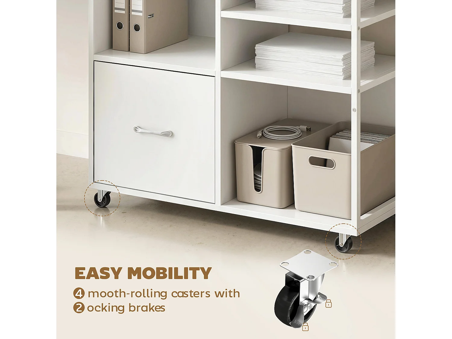 Mobile per stampante con ruote e cassetto legno bianco