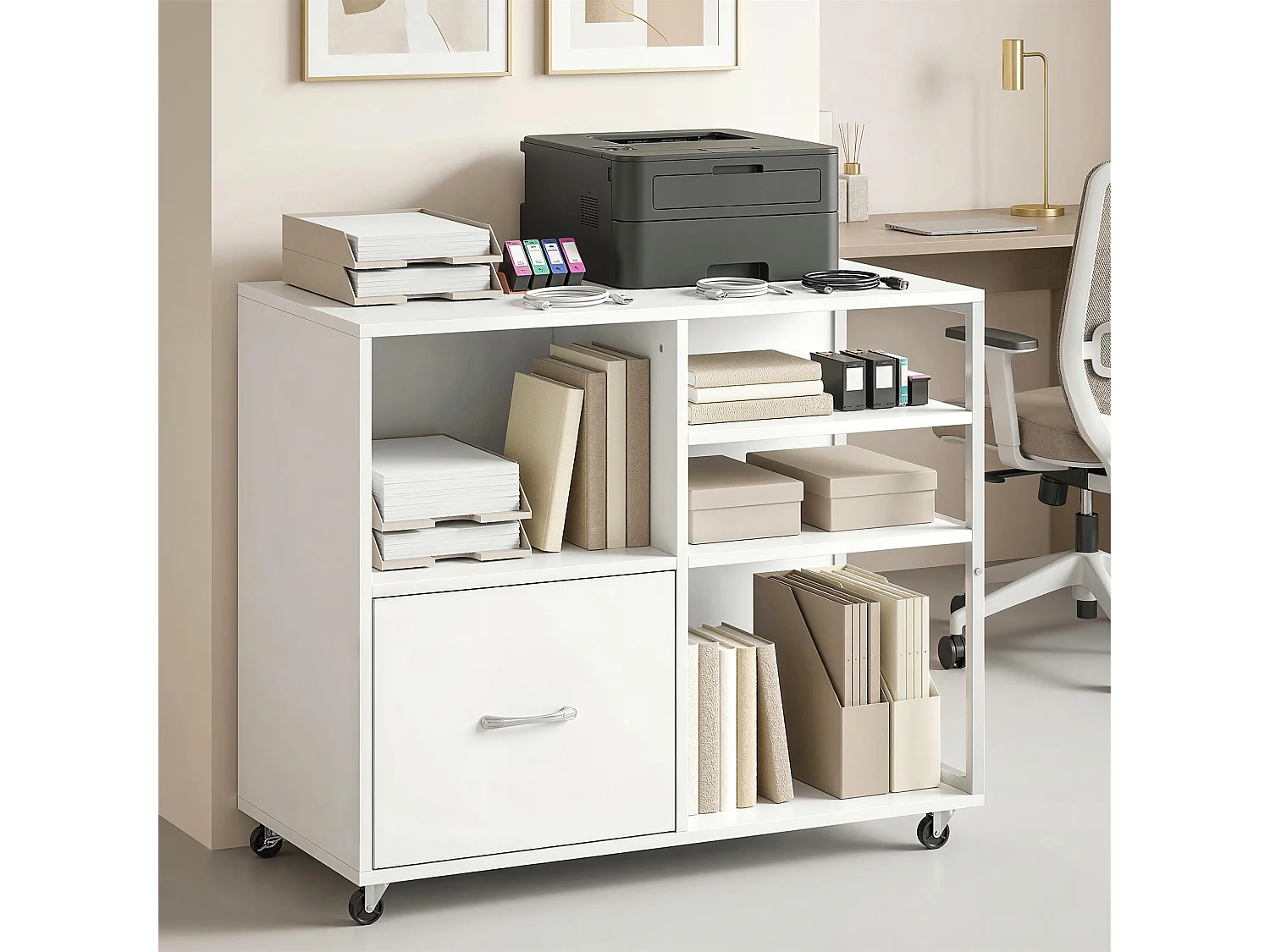 Mobile per stampante con ruote e cassetto legno bianco