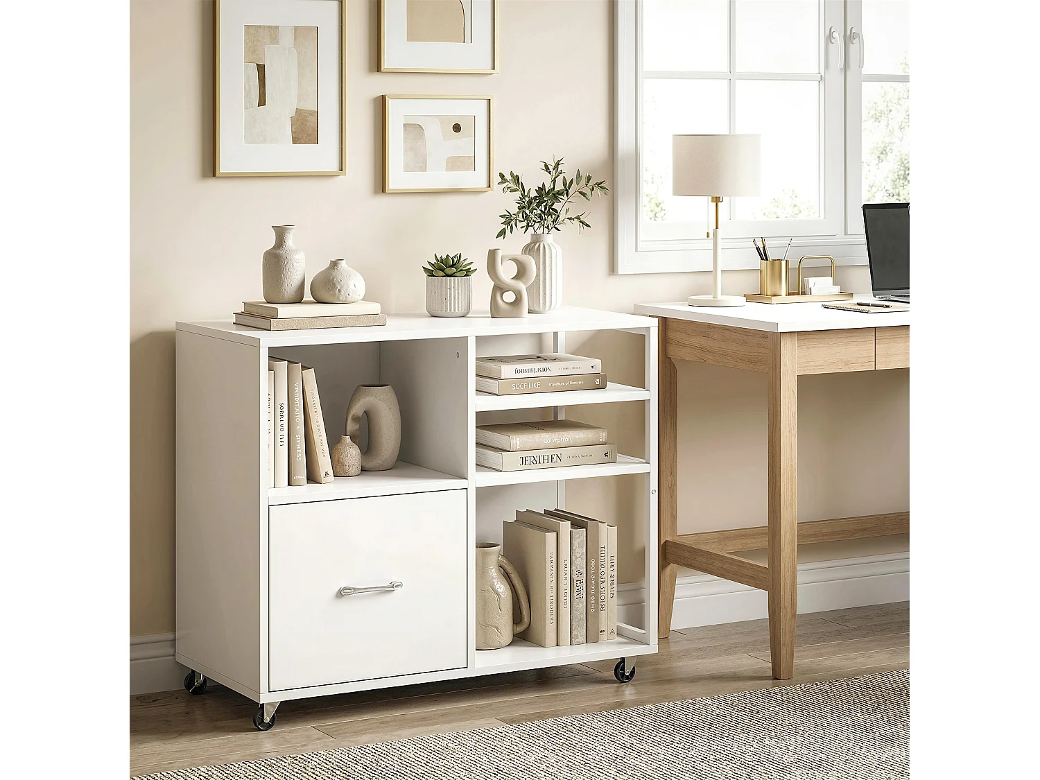 Mobile per stampante con ruote e cassetto legno bianco