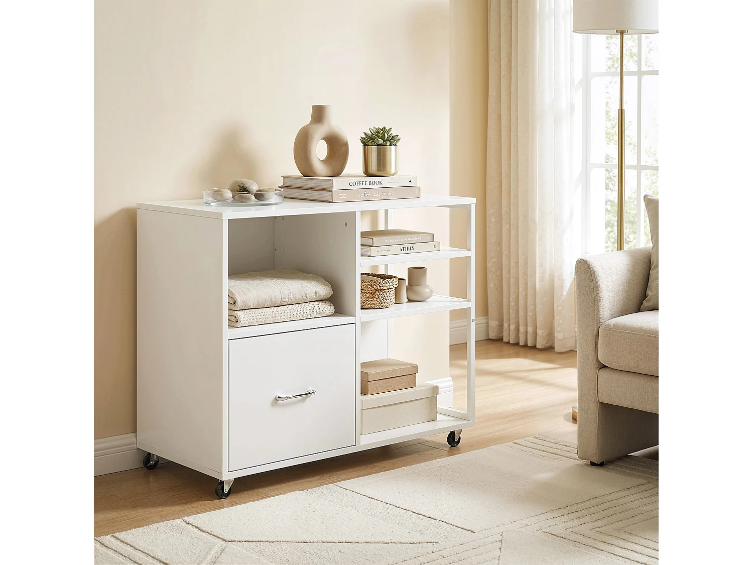 Mobile per stampante con ruote e cassetto legno bianco